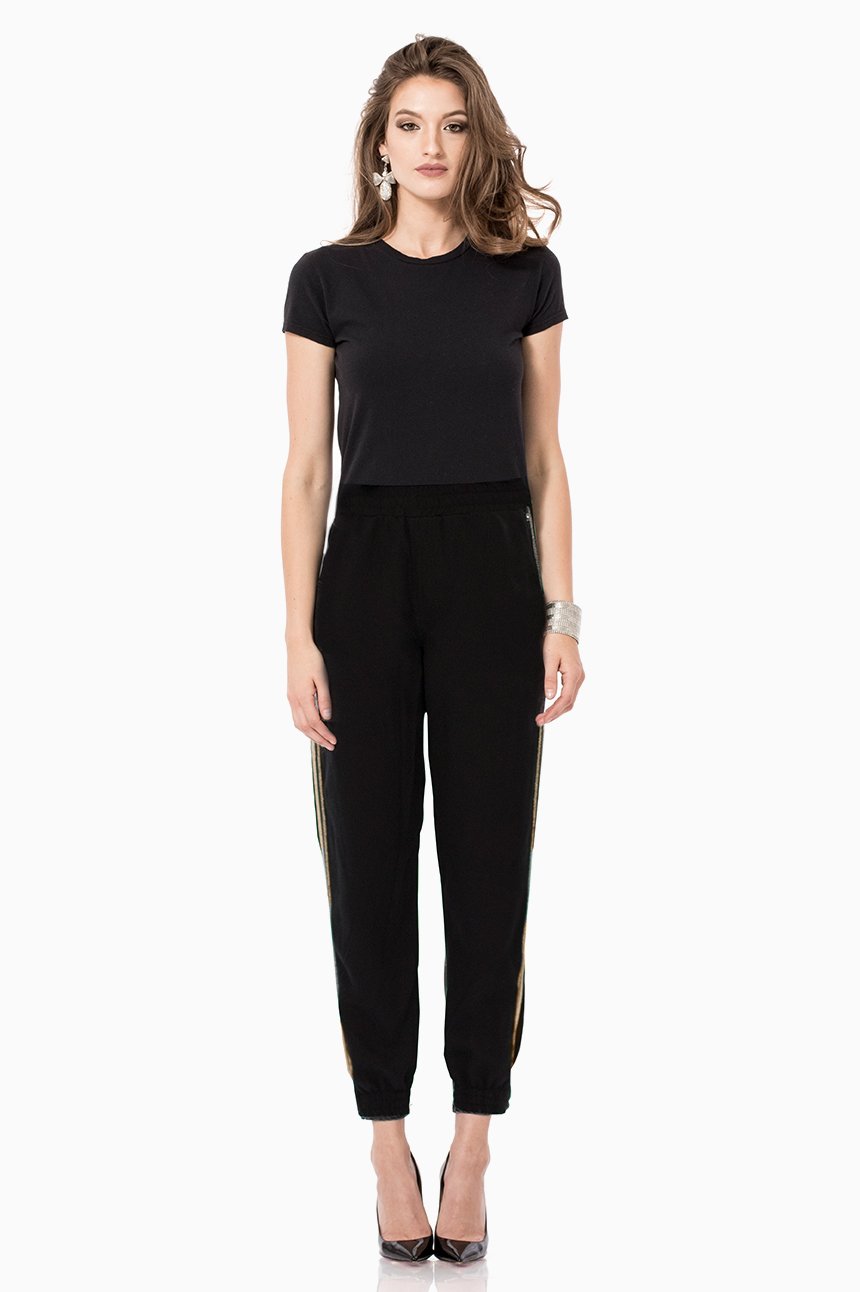 Ursula Jogger in Black Rocker featuring side tape detail and elastic waistband, showcasing a relaxed fit and stylish design.