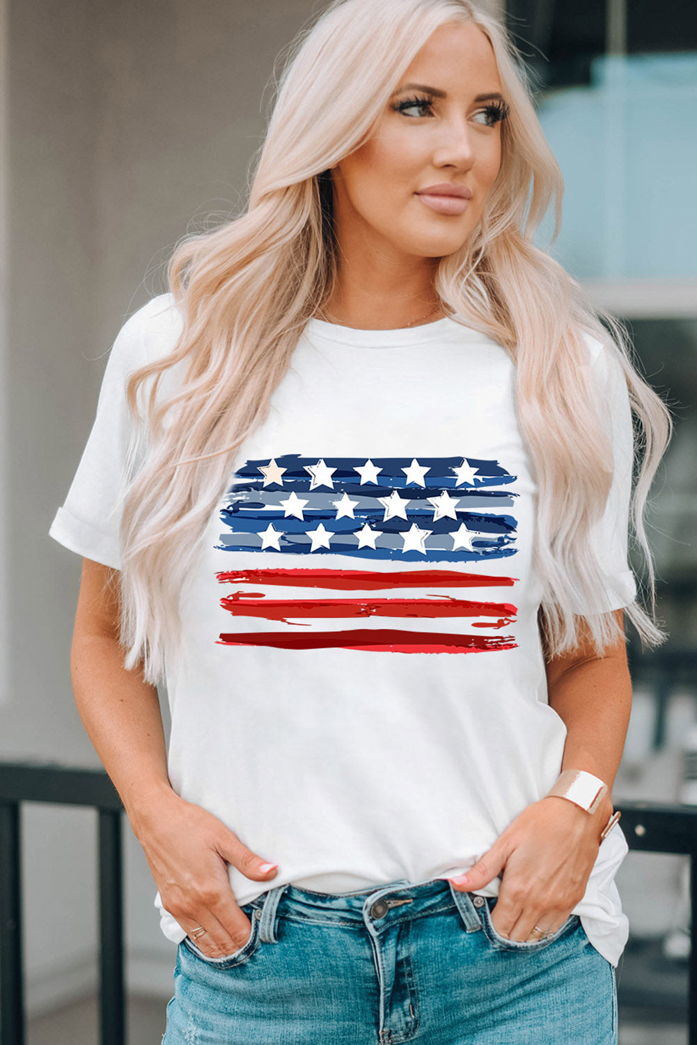 US Flag Graphic Round Neck Tee featuring a vibrant American flag design on a casual short-sleeve shirt.