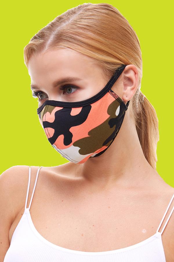 USA made camouflage fashion cloth face mask in coral and yellow, featuring stretchable ear loops for a secure fit.