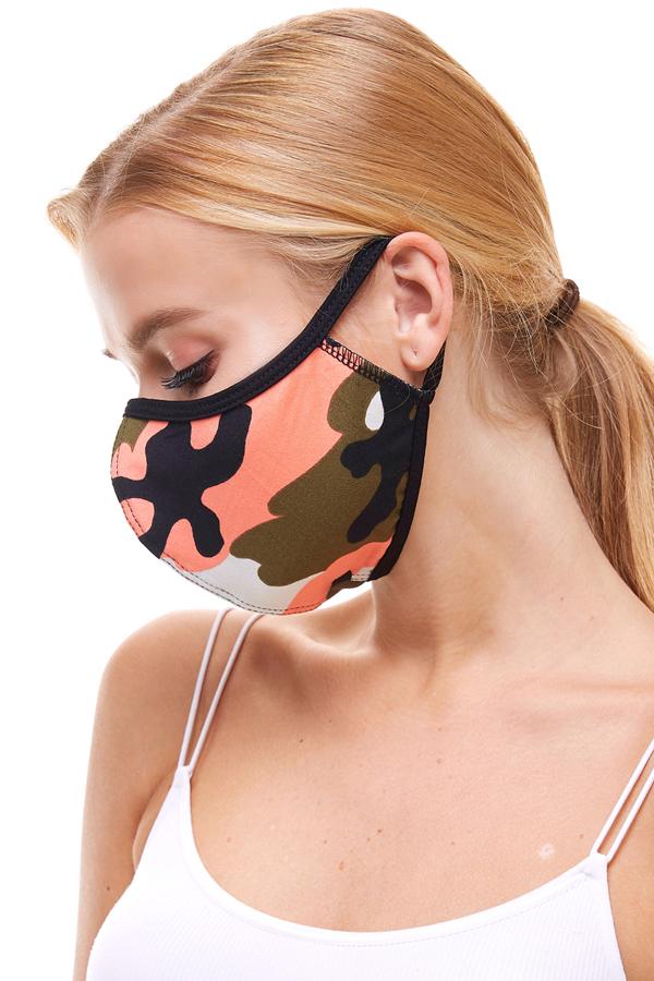 USA made camouflage fashion cloth face mask in coral and yellow, featuring stretchable ear loops for a secure fit.