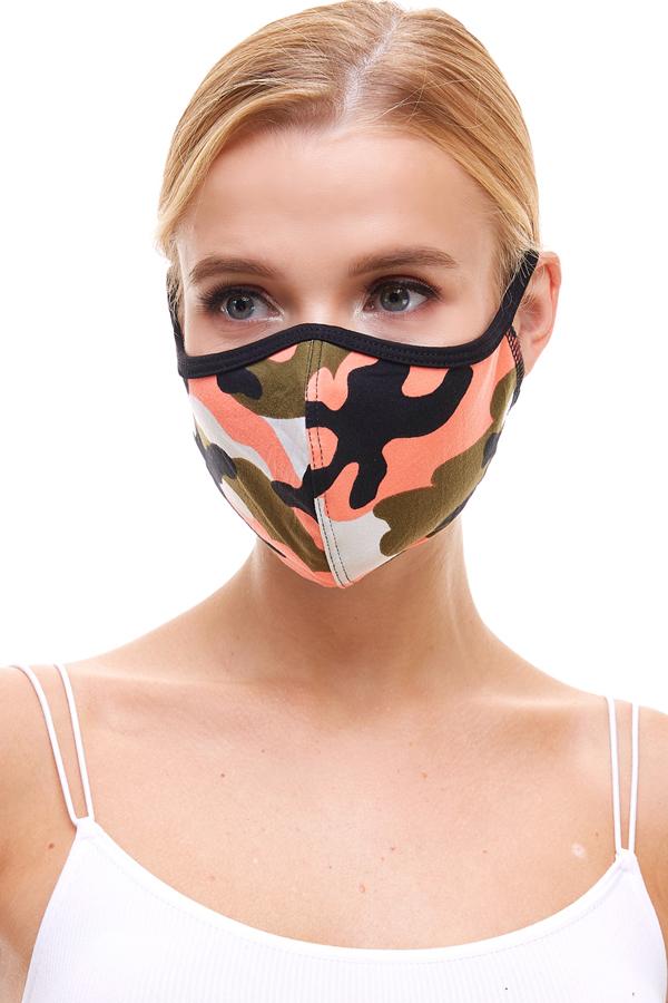 USA made camouflage fashion cloth face mask in coral and yellow, featuring stretchable ear loops for a secure fit.