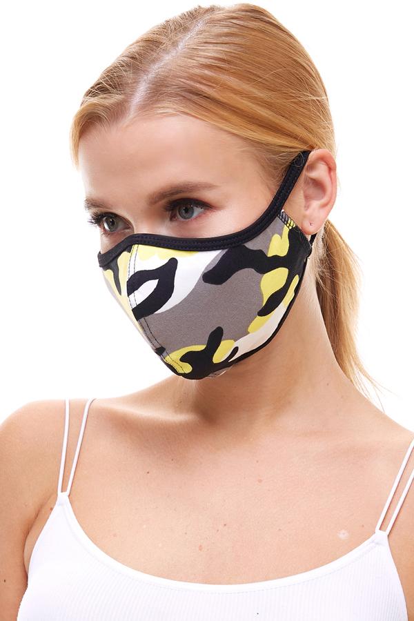 USA made camouflage fashion cloth face mask in coral and yellow, featuring stretchable ear loops for a secure fit.