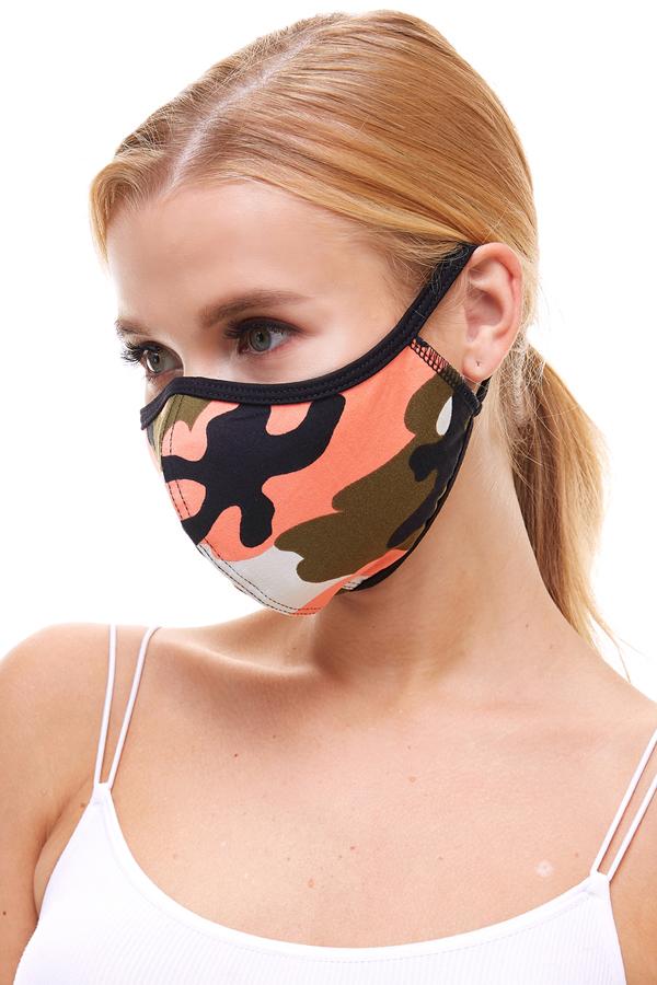 USA made camouflage fashion cloth face mask in coral and yellow, featuring stretchable ear loops for a secure fit.
