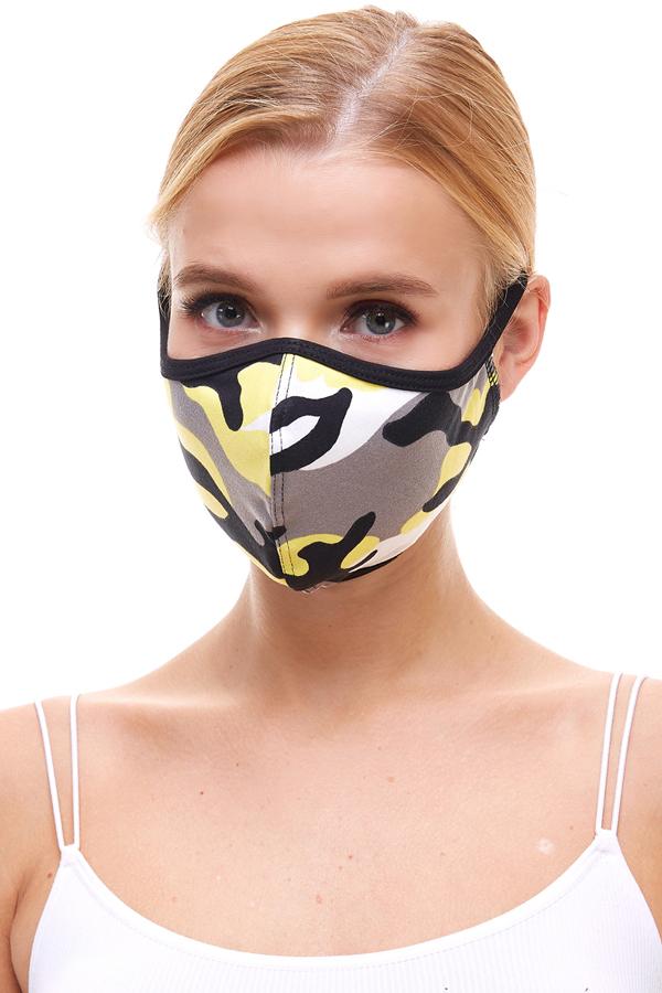 USA made camouflage fashion cloth face mask in coral and yellow, featuring stretchable ear loops for a secure fit.