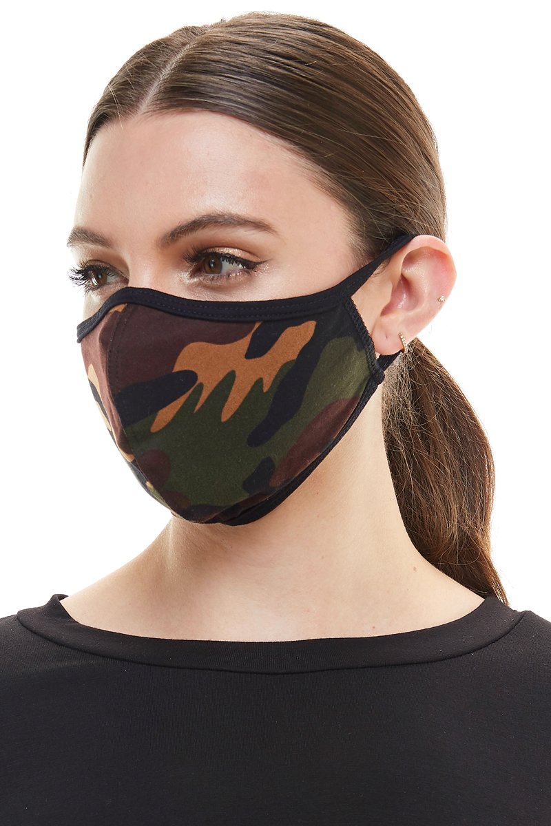 USA Made Camouflage fashion mask featuring a stylish print, designed for comfort and breathability with secure earloop fit.