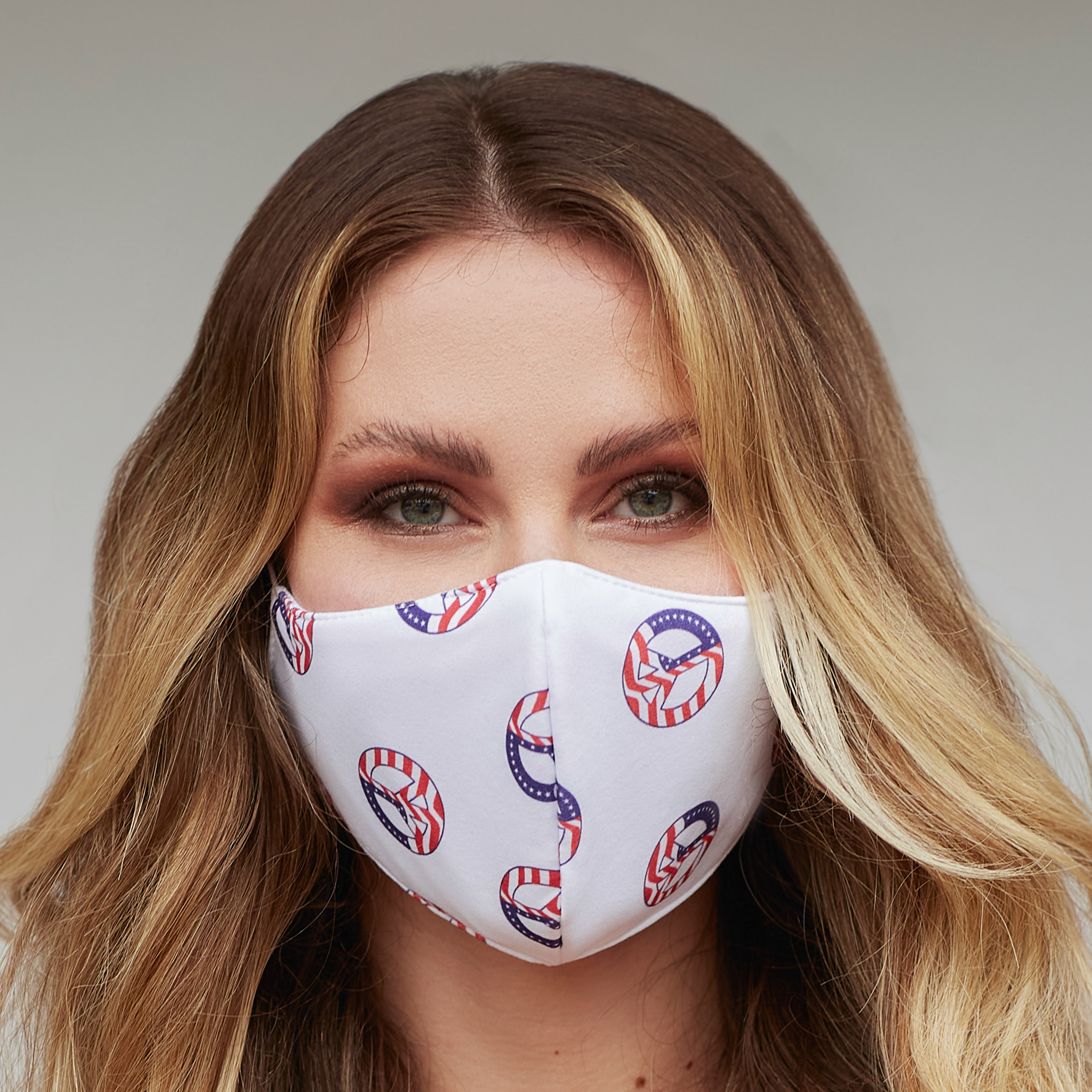 USA Peace Sign Circle Face Mask featuring a vibrant peace sign design, suitable for everyday use and machine washable.