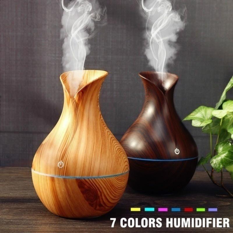USB Aroma Air Humidifier with wood grain finish and LED lights, designed for home use to enhance air quality and ambiance.