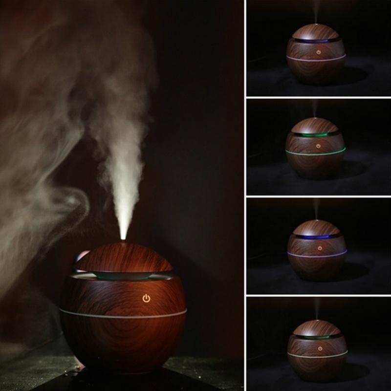 USB Aroma Air Humidifier with wood grain finish and LED lights, designed for home use to enhance air quality and ambiance.