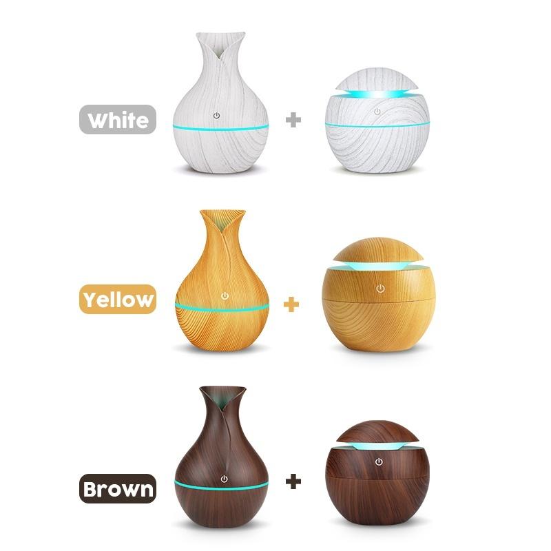 USB Aroma Air Humidifier with wood grain finish and LED lights, designed for cool mist and healthy air.