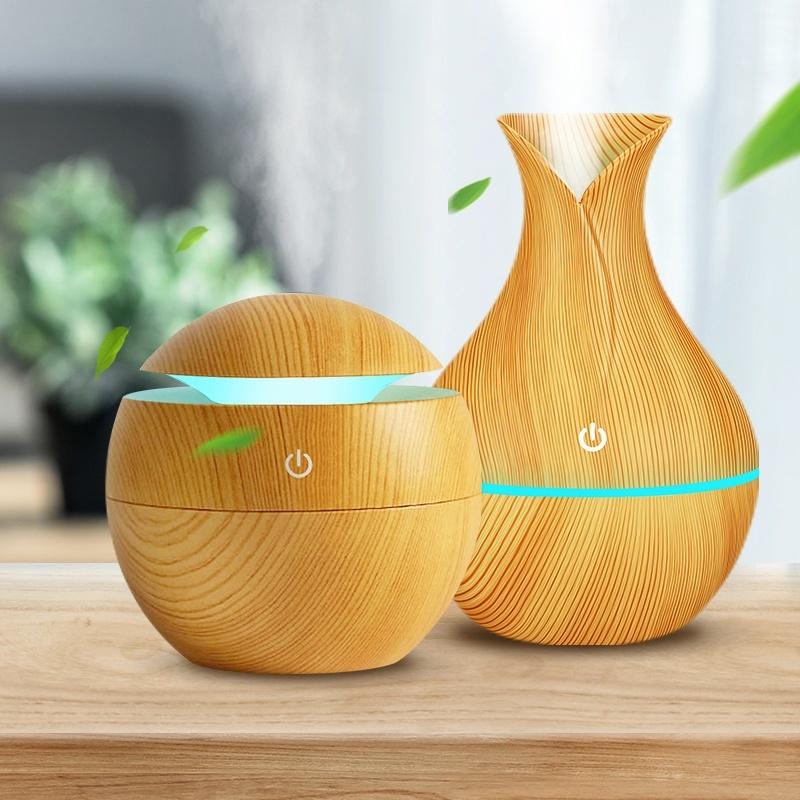 USB Aroma Air Humidifier with wood grain finish and LED lights, designed for cool mist and healthy air.