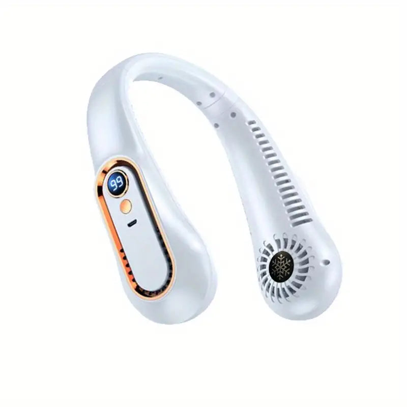 A stylish USB rechargeable neck fan with a digital display, adjustable speeds, and a bladeless design, worn comfortably around the neck.