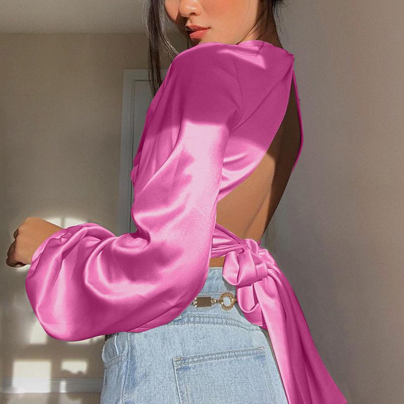 V neck crop top for women featuring hollow out long lantern sleeves, perfect for club wear.