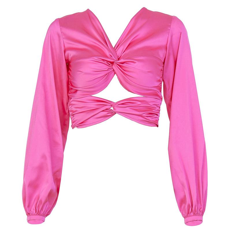 V neck crop top for women featuring hollow out long lantern sleeves, perfect for club wear.