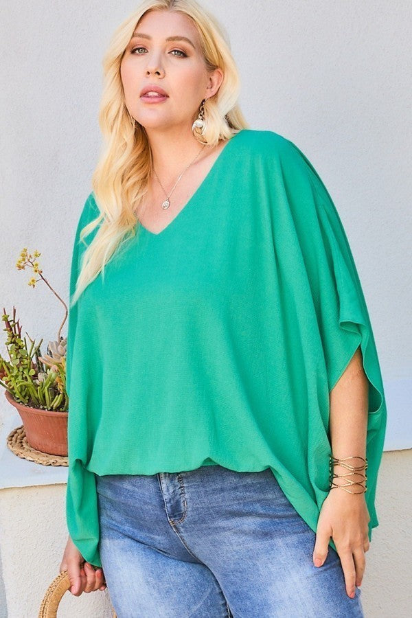 V Neck Dolman Sleeves Front Waist Elastic Solid Top in jade color, showcasing its stylish design and comfortable fit.