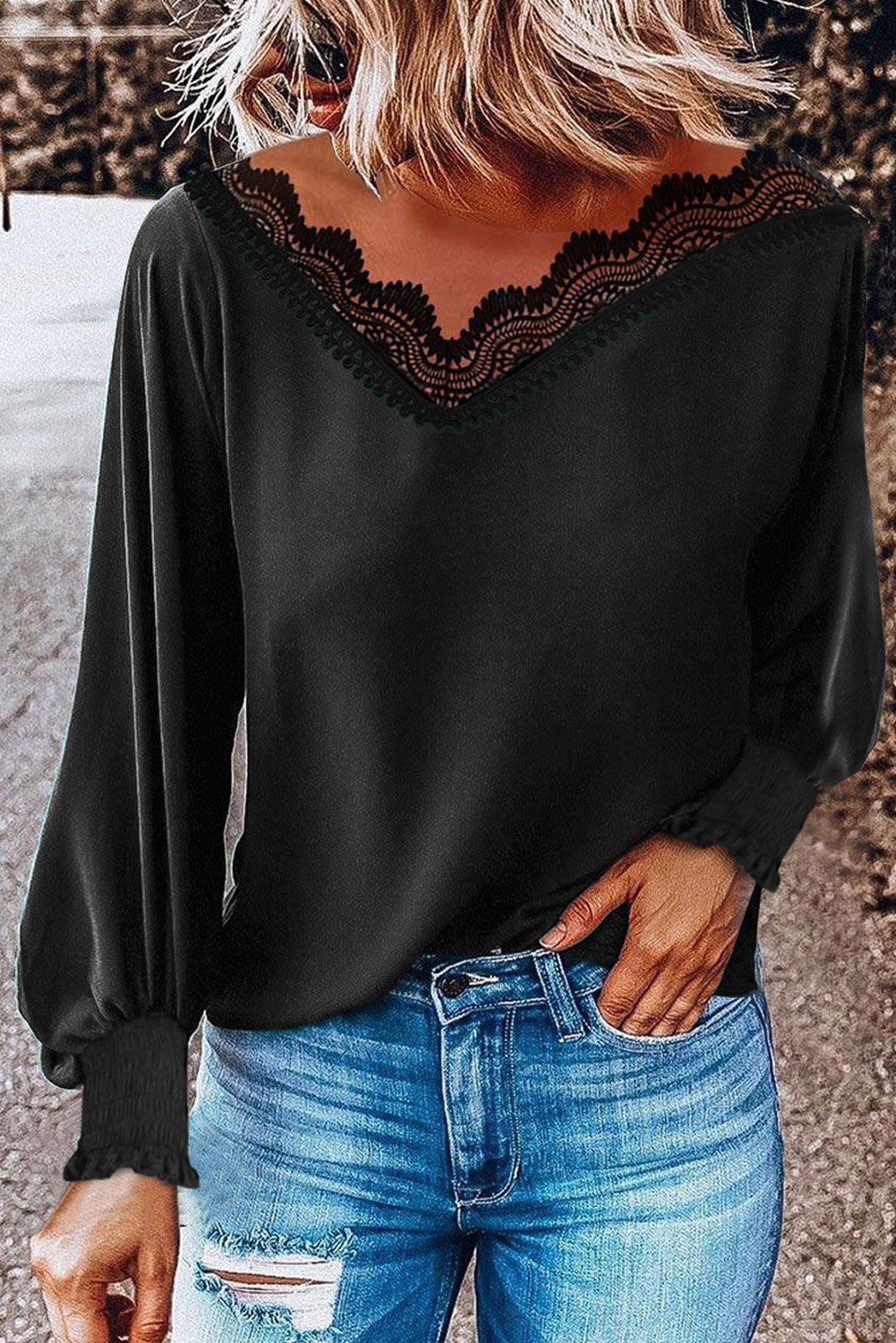 V Neck Lace Patchwork Green Blouse featuring elegant lace details and lantern sleeves, perfect for stylish women.