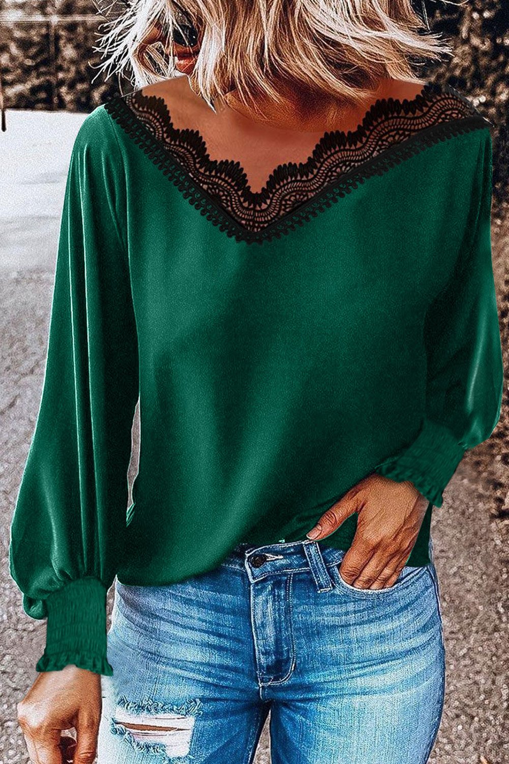 V Neck Lace Patchwork Green Blouse featuring elegant lace details and lantern sleeves, perfect for stylish women.