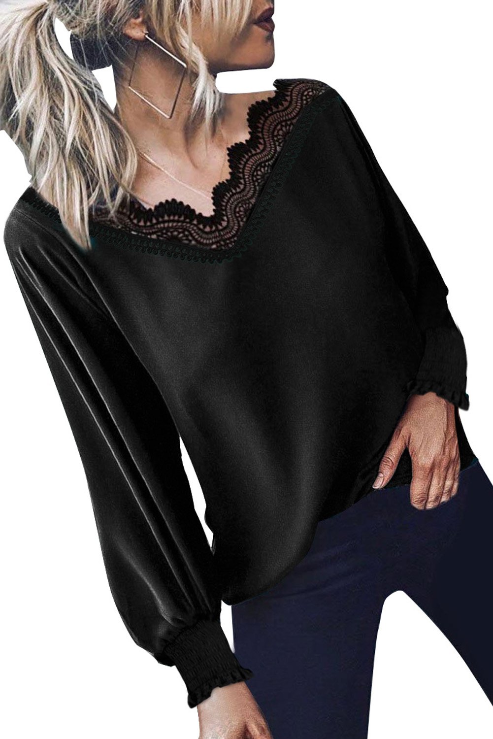 V Neck Lace Patchwork Green Blouse featuring elegant lace details and lantern sleeves, perfect for stylish women.