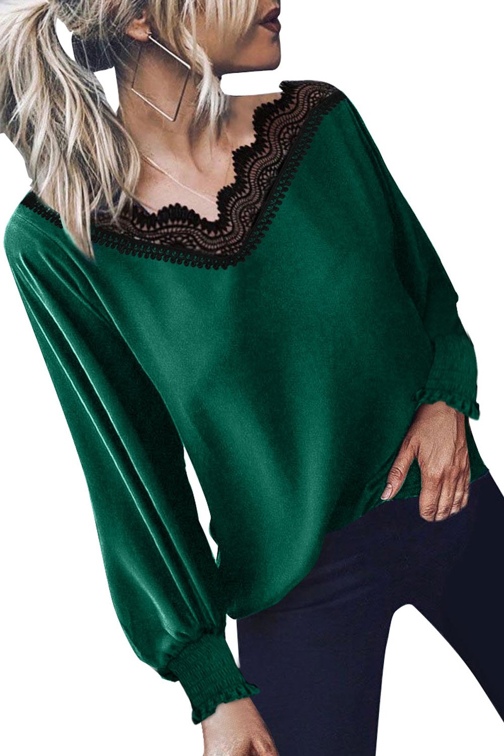 V Neck Lace Patchwork Green Blouse featuring elegant lace details and lantern sleeves, perfect for stylish women.