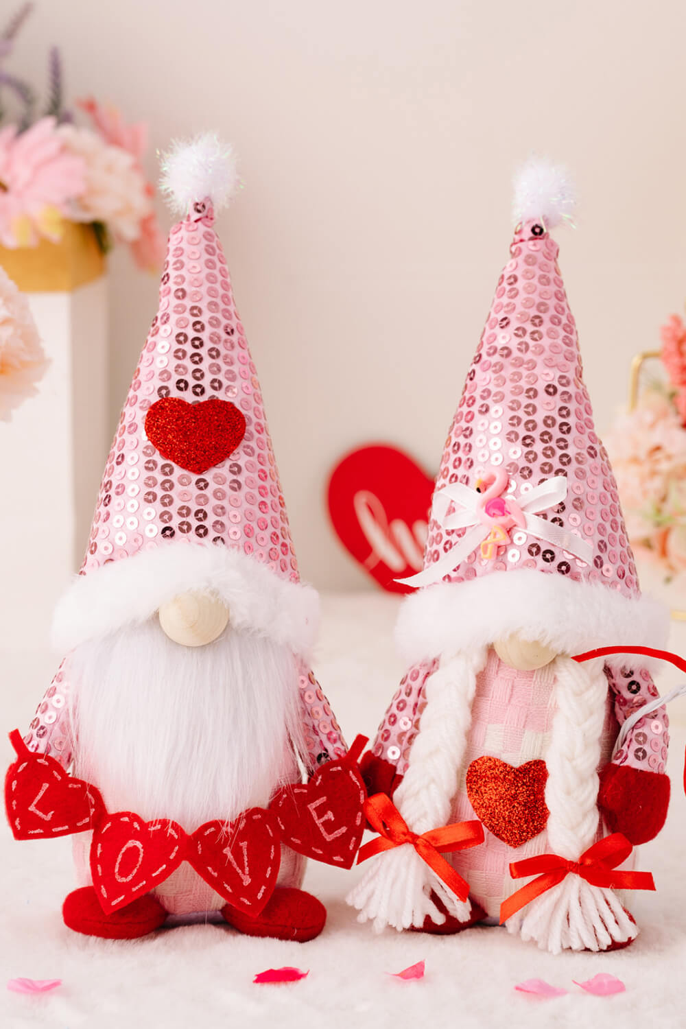 Valentine's Day Sequined Heart Pointed Hat Faceless Gnome with a pointed hat and heart sequins, perfect for festive decor.