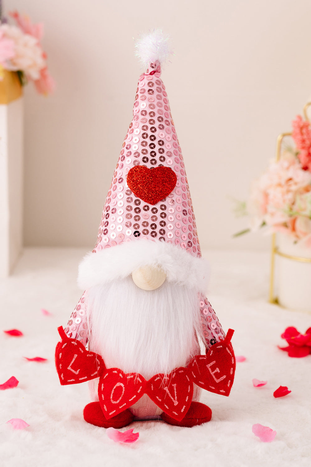 Valentine's Day Sequined Heart Pointed Hat Faceless Gnome with a pointed hat and heart sequins, perfect for festive decor.