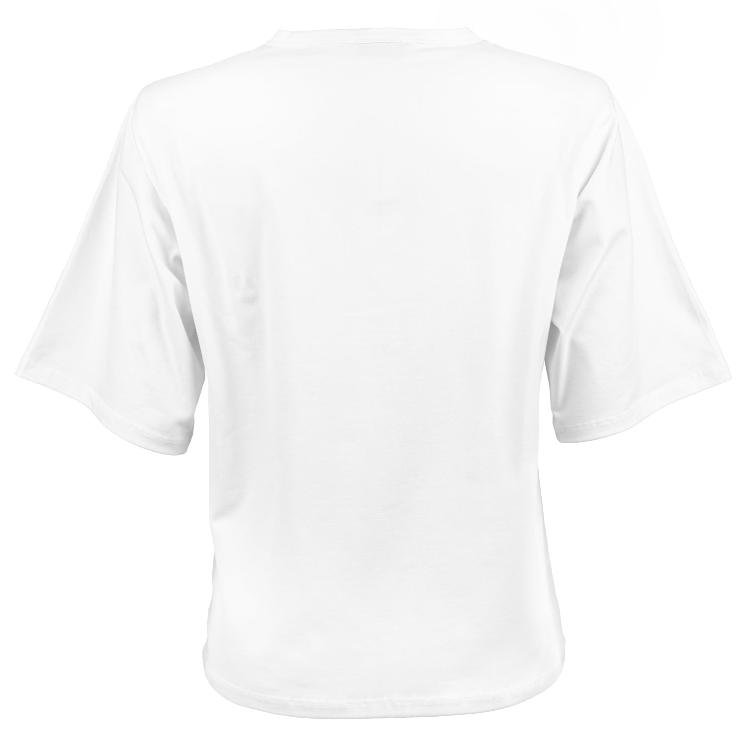 A stylish white shoulder pad tee, Vatkalı Kısa Kollu Beyaz Lucy Basic, displayed on a model, showcasing its elegant design and soft fabric.