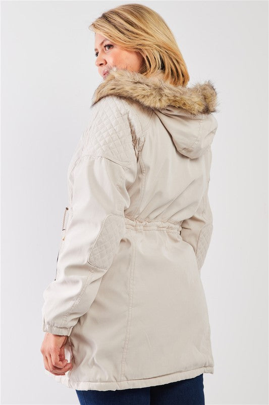 Vegan Fur Cotton Twill Parka Jacket featuring a detachable hood, adjustable waist, and stylish quilted details.