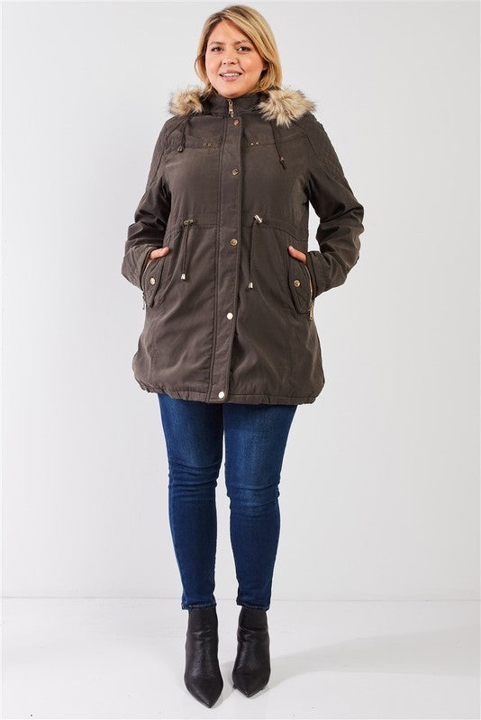 Vegan Fur Cotton Twill Parka Jacket featuring a detachable hood, adjustable waist, and stylish quilted details.