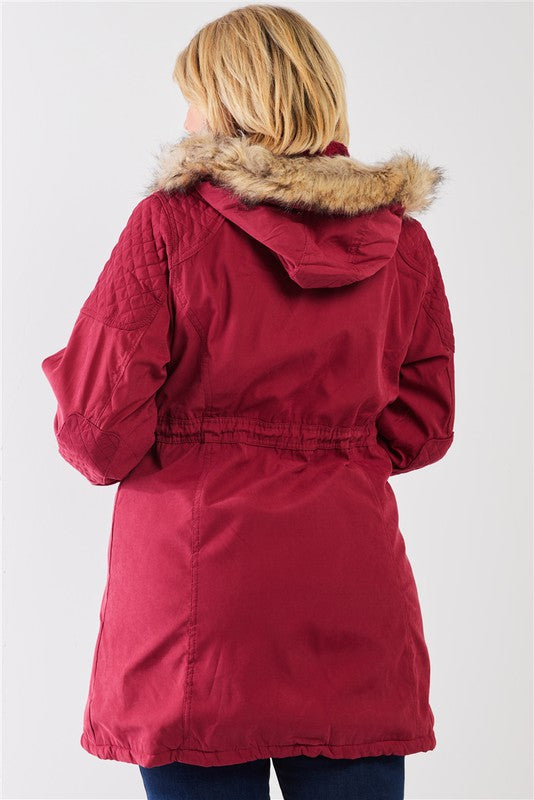 Vegan Fur Cotton Twill Parka Jacket featuring a detachable hood, adjustable waist, and stylish quilted details.