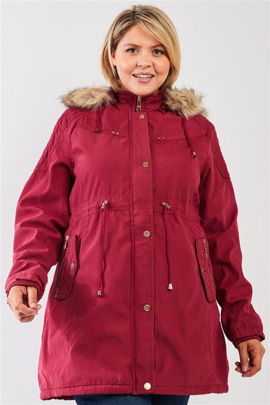 Vegan Fur Cotton Twill Parka Jacket featuring a detachable hood, adjustable waist, and stylish quilted details.