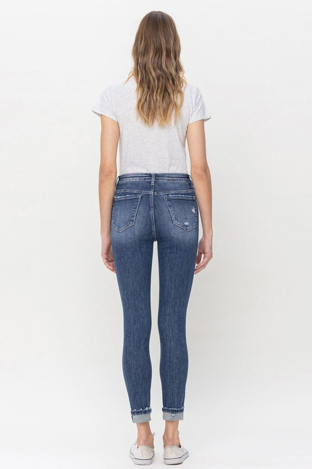 Vervet Teagan Full Size High Rise Cropped Skinny Jeans featuring distressed knee and cuffed hem, perfect for casual wear.