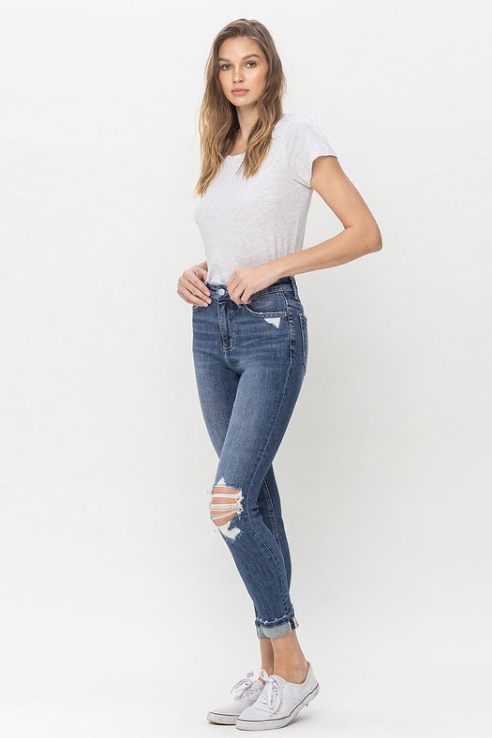 Vervet Teagan Full Size High Rise Cropped Skinny Jeans featuring distressed knee and cuffed hem, perfect for casual wear.