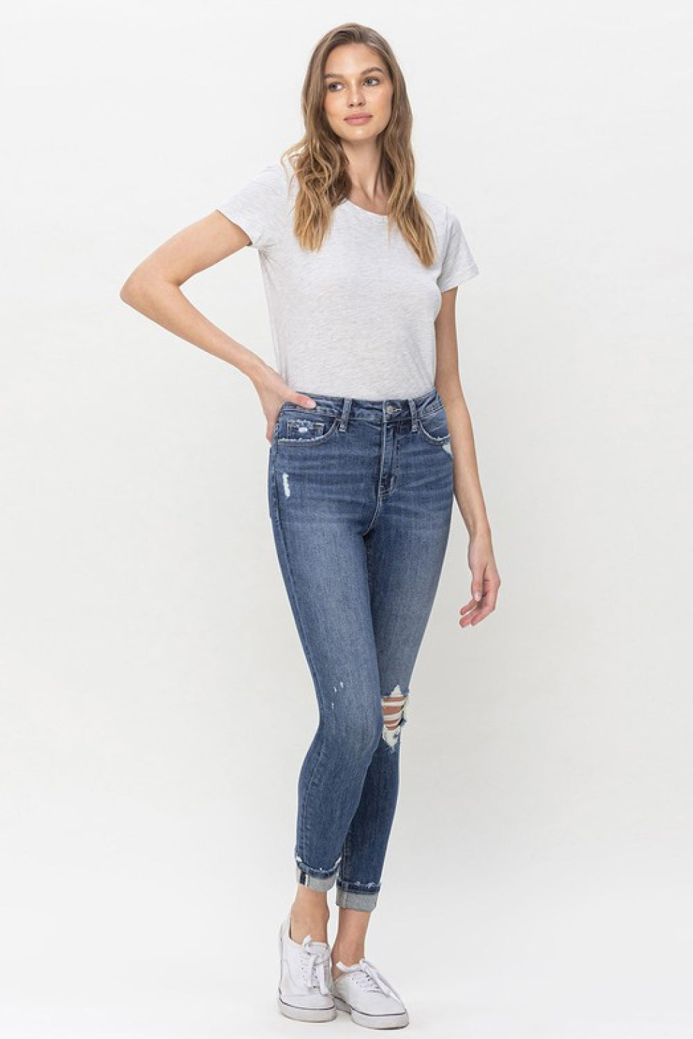 Vervet Teagan Full Size High Rise Cropped Skinny Jeans featuring distressed knee and cuffed hem, perfect for casual wear.