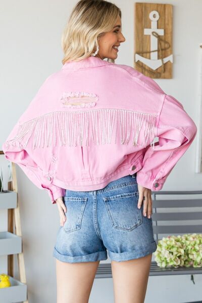 Veveret Fringe Distressed Button Up Denim Jacket featuring fringe detailing and a vintage distressed finish, perfect for stylish layering.