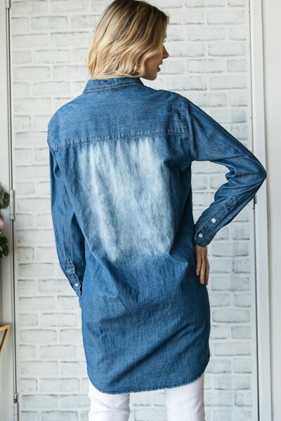Veveret Pocketed Button Up Washed Denim Shirt featuring a relaxed fit, button-up front, and stylish pockets.