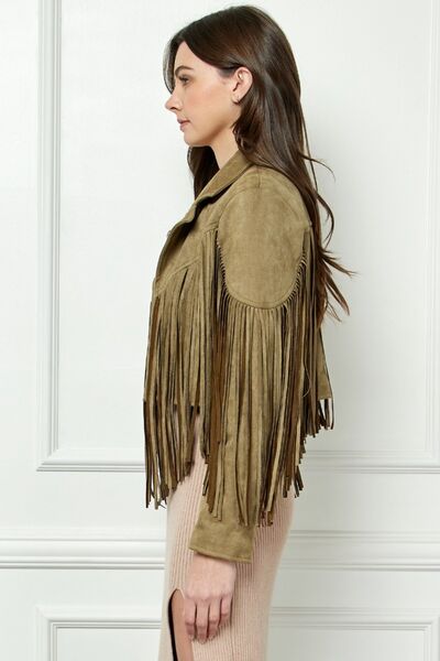 Veveret Suede Fringe Long Sleeve Moto Jacket featuring luxurious suede fabric and playful fringe details, perfect for edgy and boho styles.