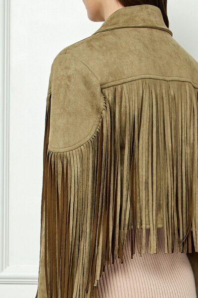 Veveret Suede Fringe Long Sleeve Moto Jacket featuring luxurious suede fabric and playful fringe details, perfect for edgy and boho styles.