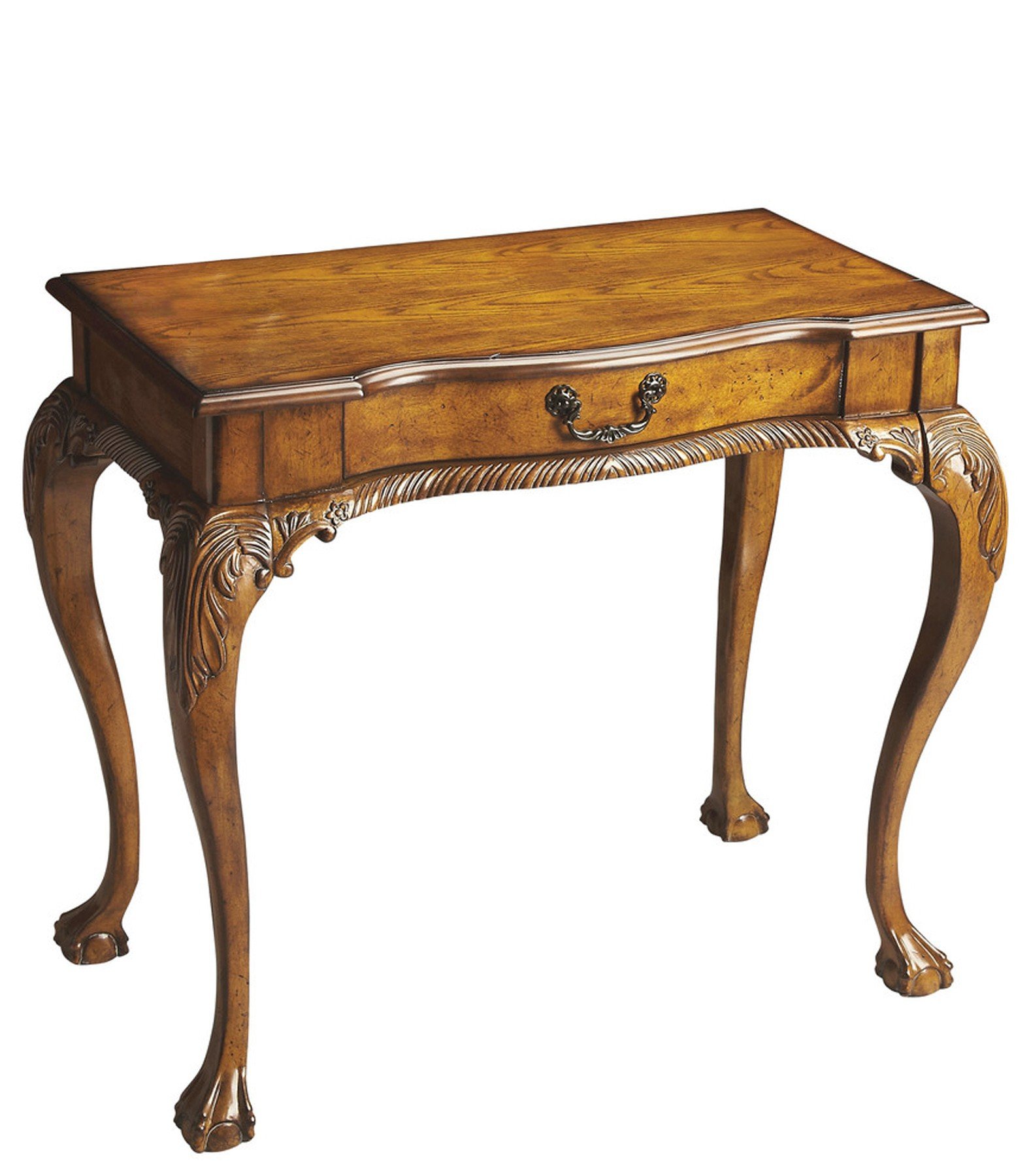 Vintage Oak Writing Desk featuring carved cabriole legs and antique brass handle, showcasing elegant design and craftsmanship.