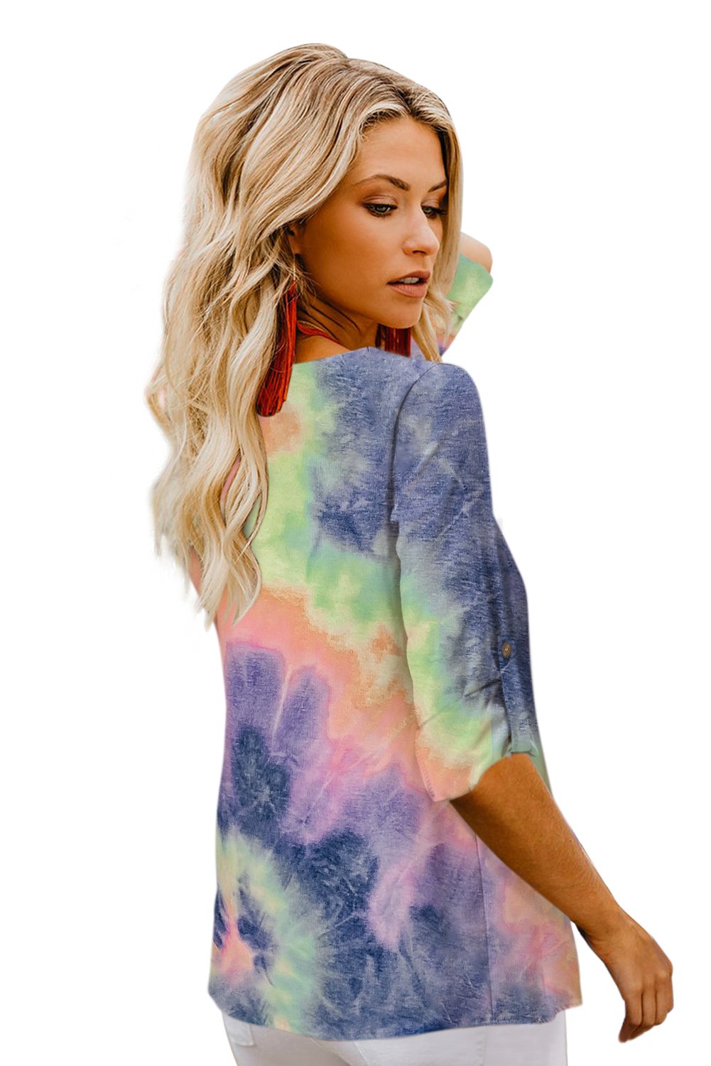 A stylish V-neck long sleeve blouse featuring a vibrant tie-dye pattern and classic button-front closure, perfect for various occasions.