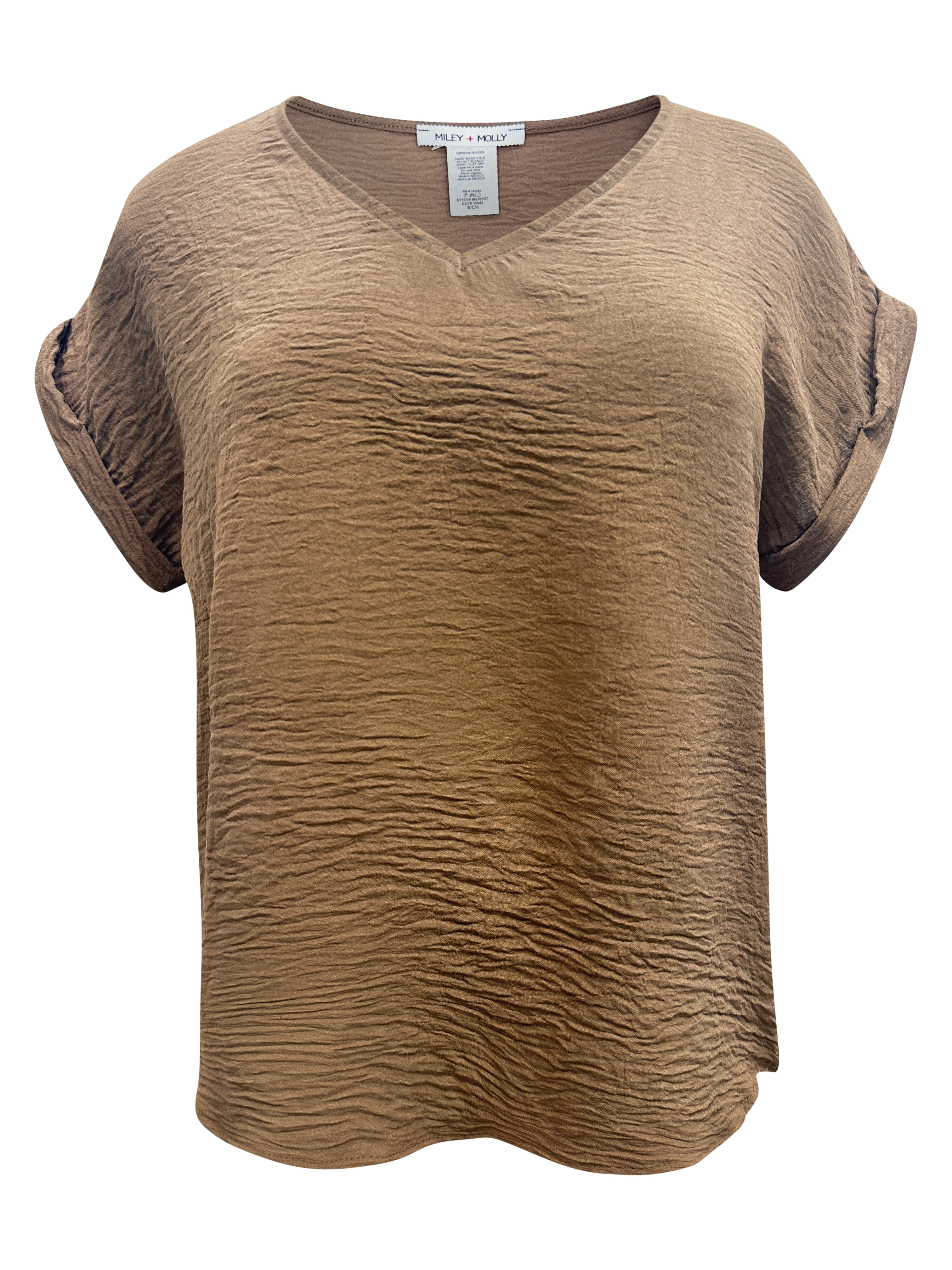 A stylish V-Neck Rolled Sleeve Relaxed Fit Top in a solid color, showcasing its rolled sleeves and flattering neckline.