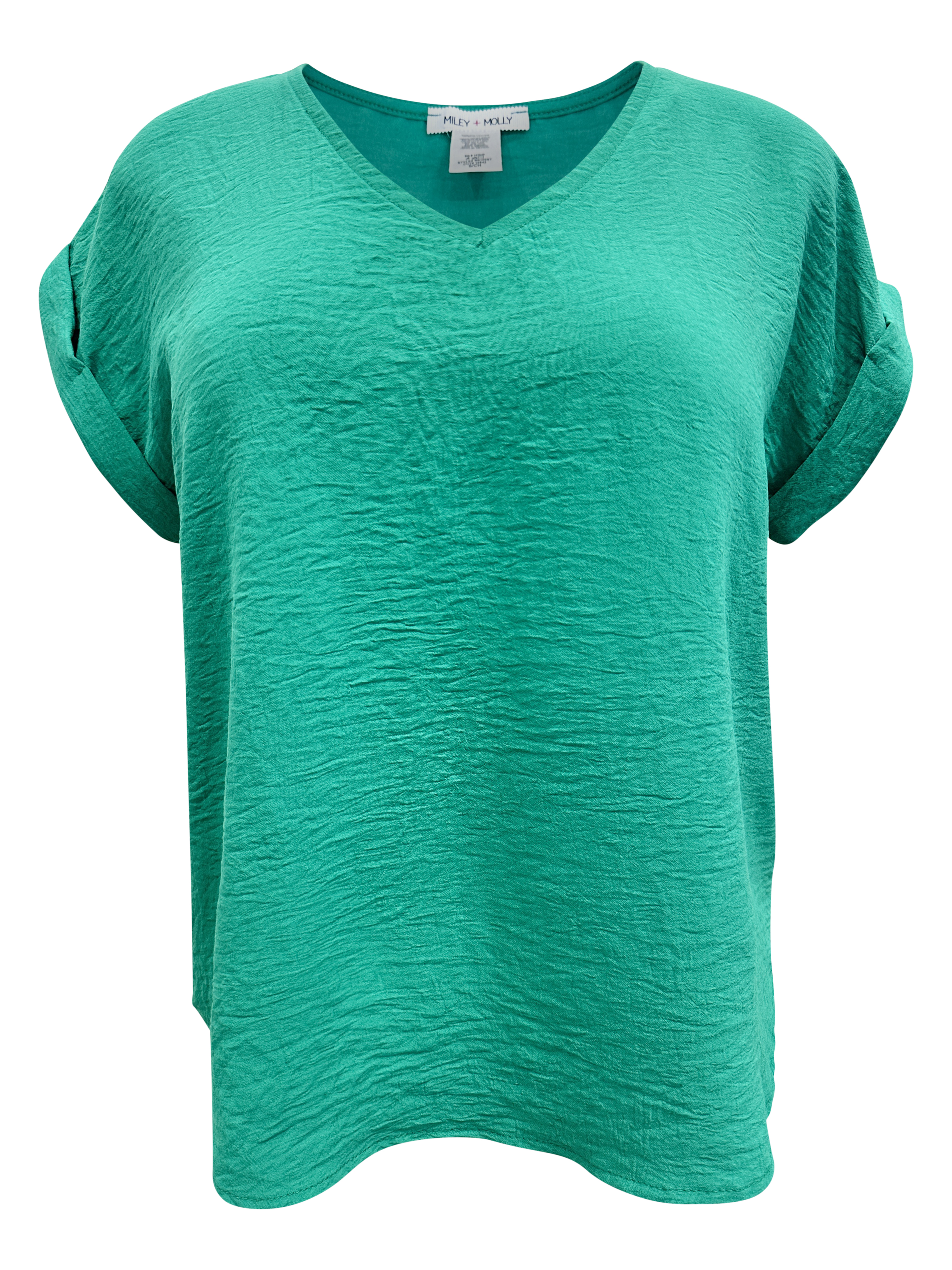 A stylish V-Neck Rolled Sleeve Relaxed Fit Top in a solid color, showcasing its rolled sleeves and flattering neckline.