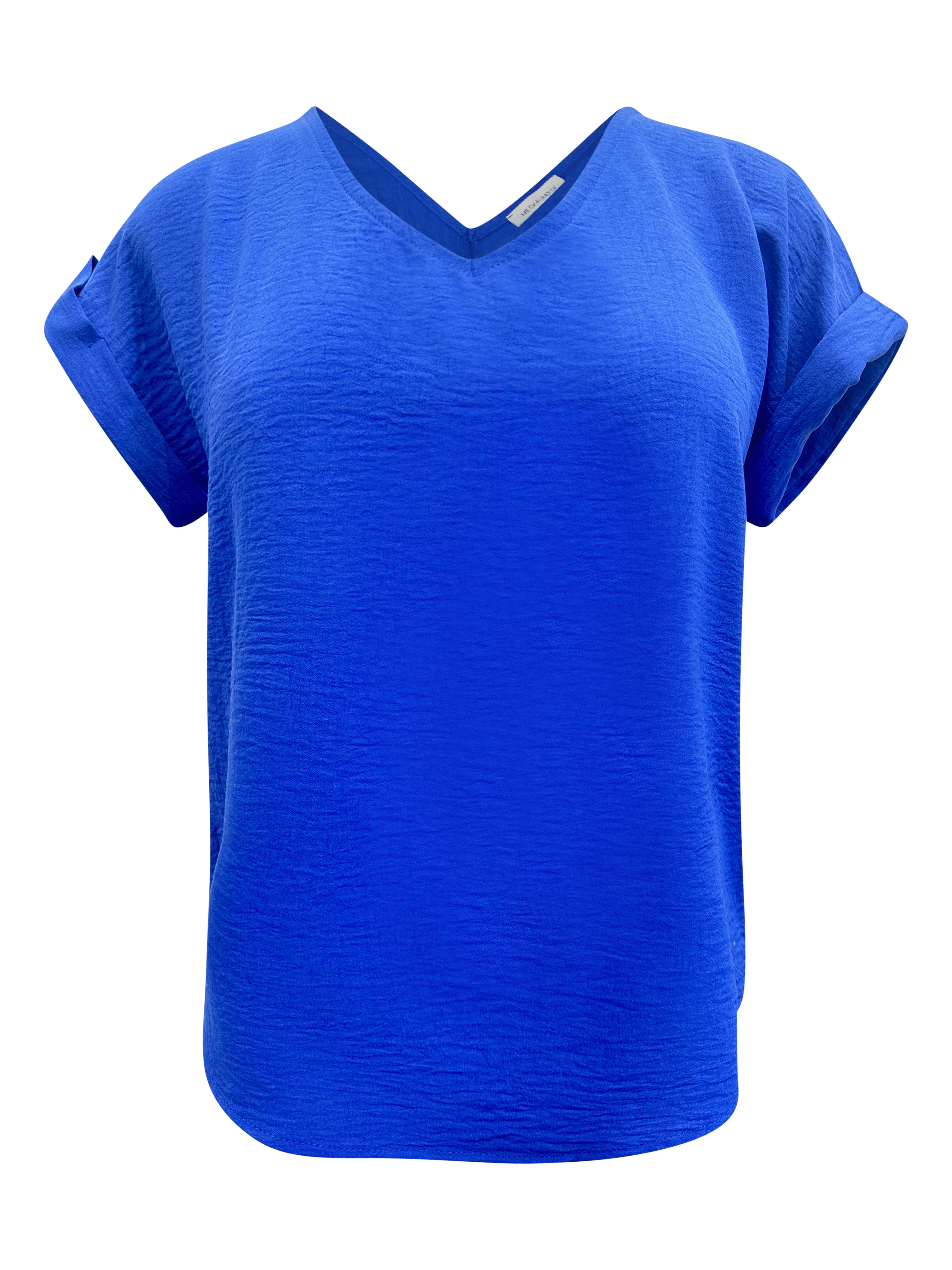 A stylish V-Neck Rolled Sleeve Relaxed Fit Top in a solid color, showcasing its rolled sleeves and flattering neckline.