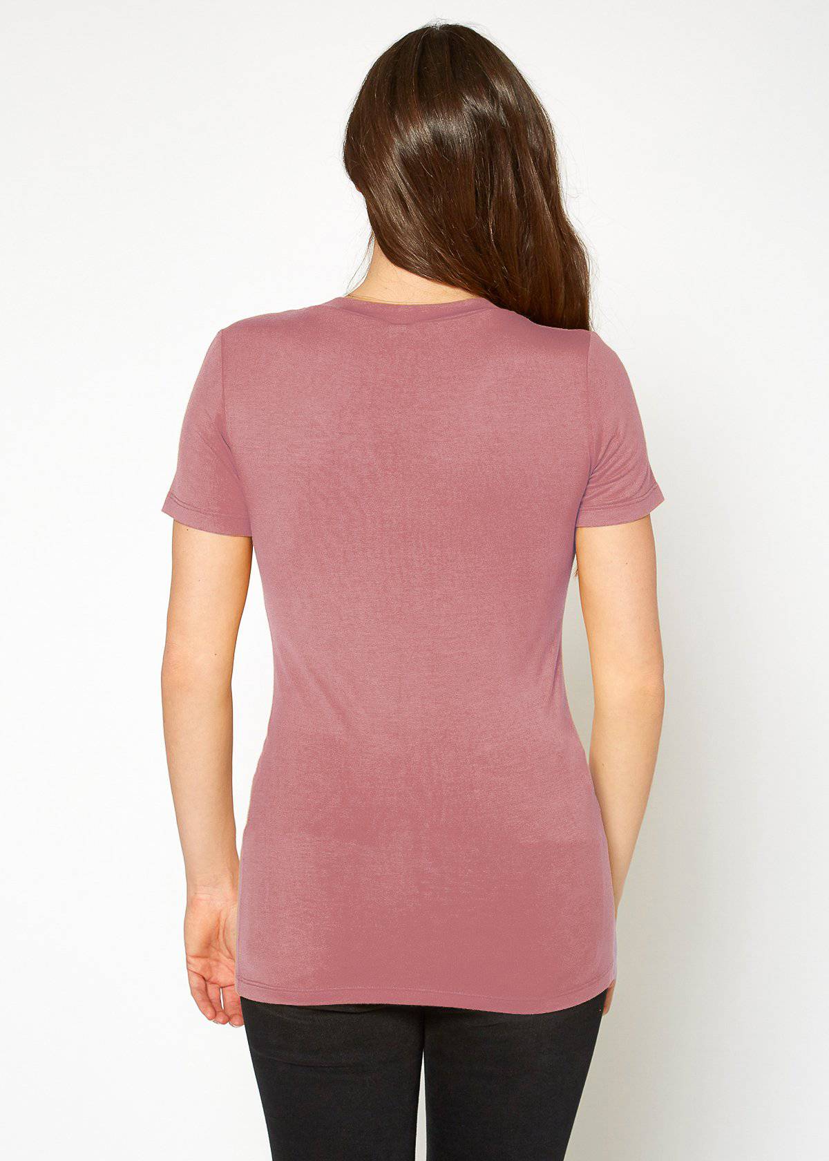 A stylish V-neck short sleeve basic tee in a fitted design, showcasing its soft fabric and flattering silhouette.