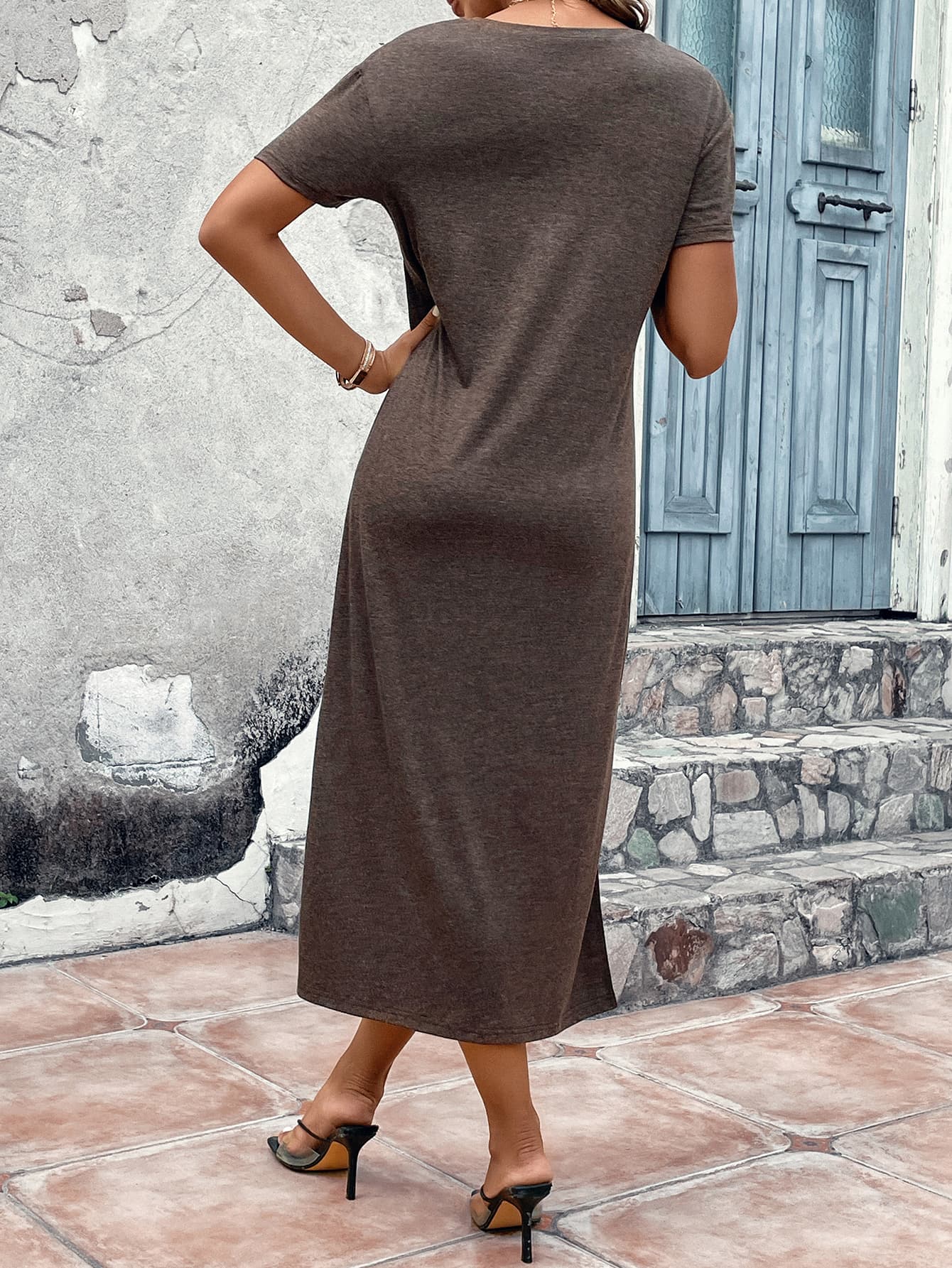 A stylish V-Neck Short Sleeve Slit Midi Dress in solid color, featuring a chic design and elegant slit.