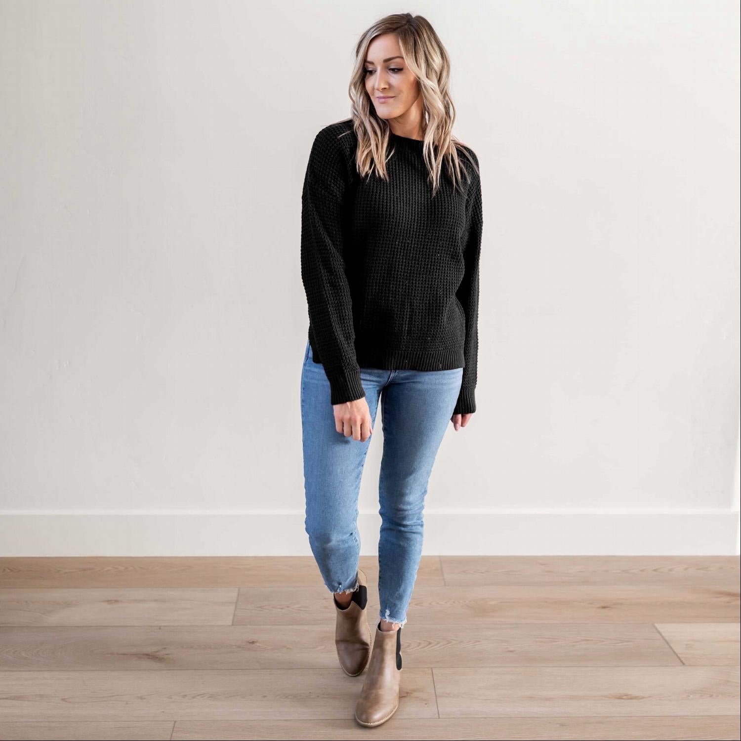 Waffle Knit Round Neck Long Sleeve Sweater featuring a side slit, ribbed cuffs, and a relaxed fit, perfect for fall fashion.