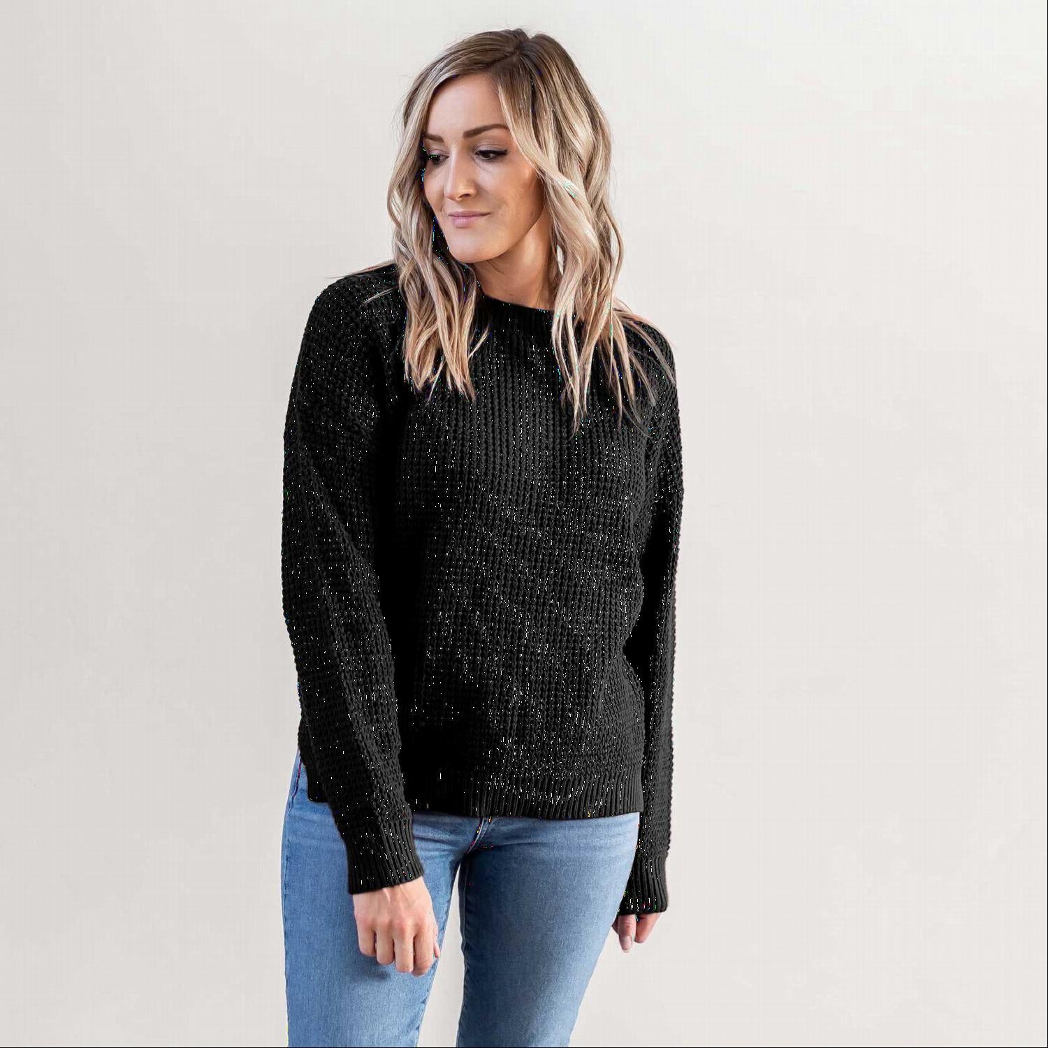 Waffle Knit Round Neck Long Sleeve Sweater featuring a side slit, ribbed cuffs, and a relaxed fit, perfect for fall fashion.