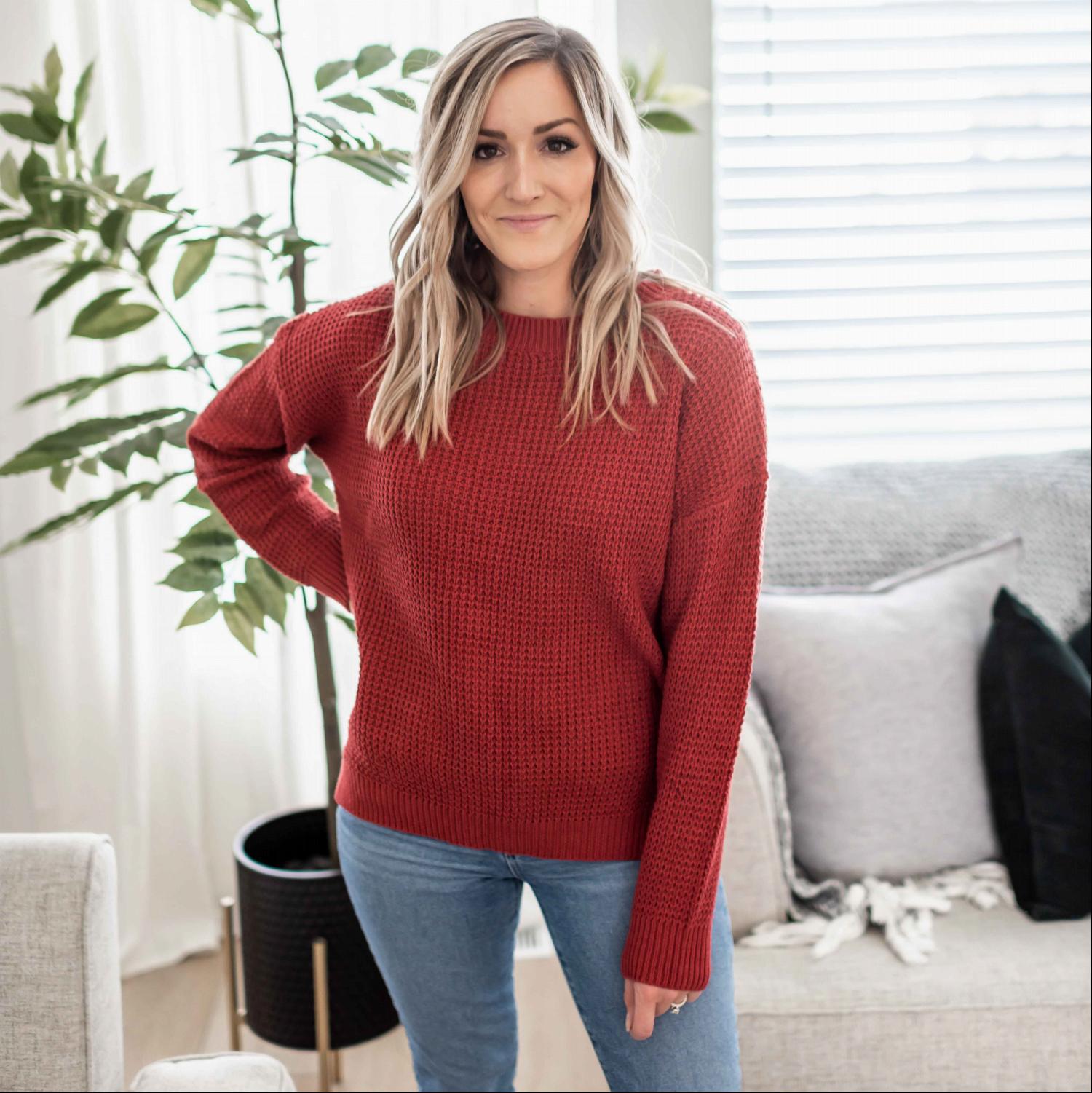 Waffle Knit Round Neck Long Sleeve Sweater featuring a side slit, ribbed cuffs, and a relaxed fit, perfect for fall fashion.