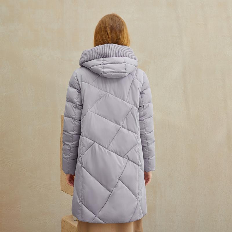 Light grey women's windproof jacket with knitted collar and pockets, perfect for winter wear.
