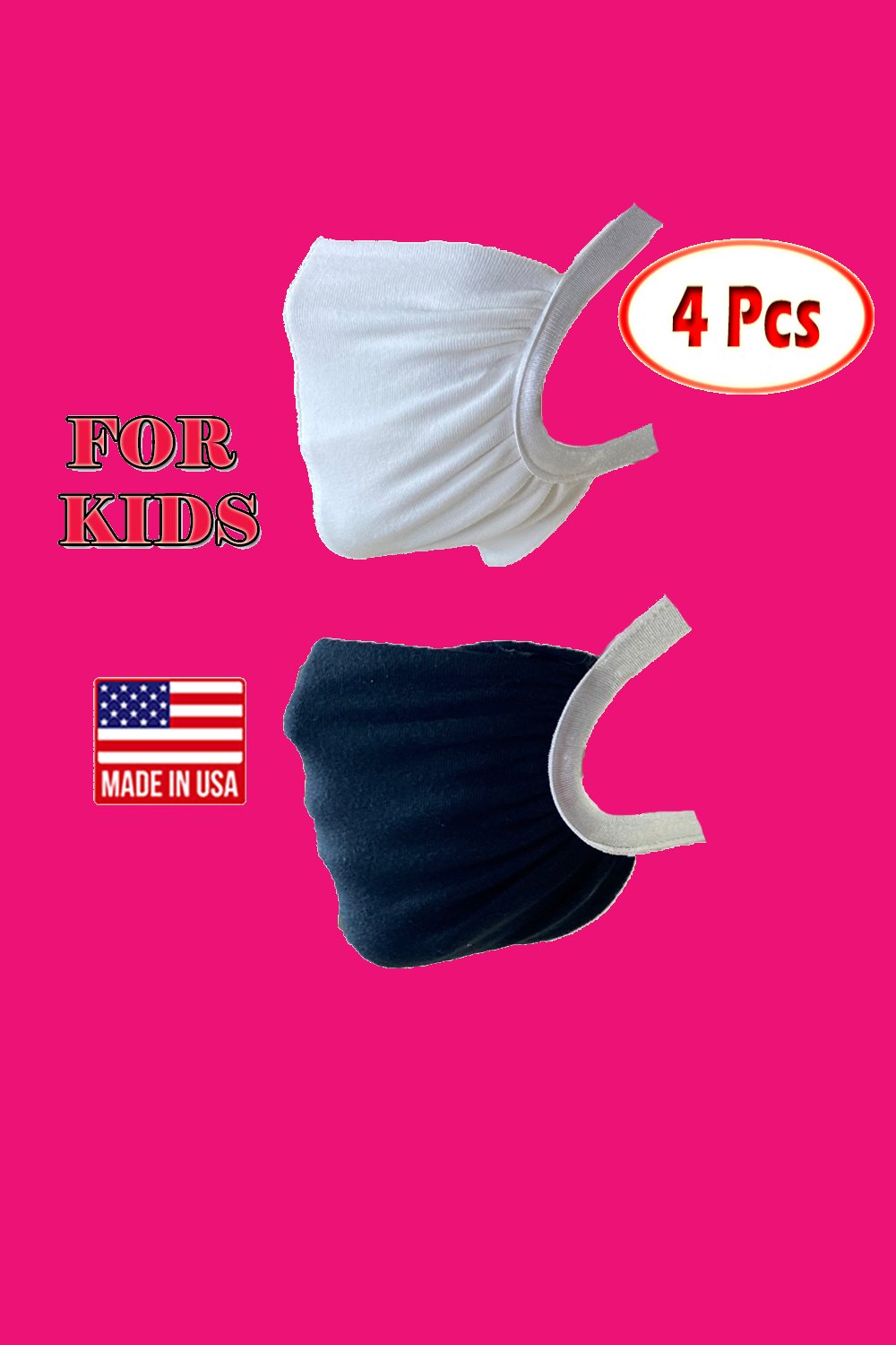 Pack of 4 washable reusable fabric masks for kids, featuring colorful designs and stretchable elastic headbands for a secure fit.