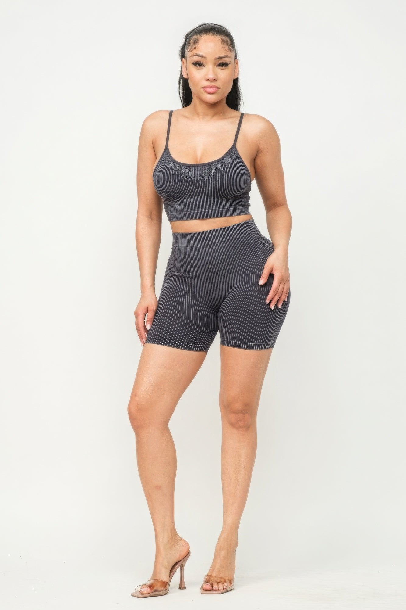 Washed Seamless Basic Tank Top and Shorts Set in classic black, showcasing seamless ribbed design and luxurious fabric.