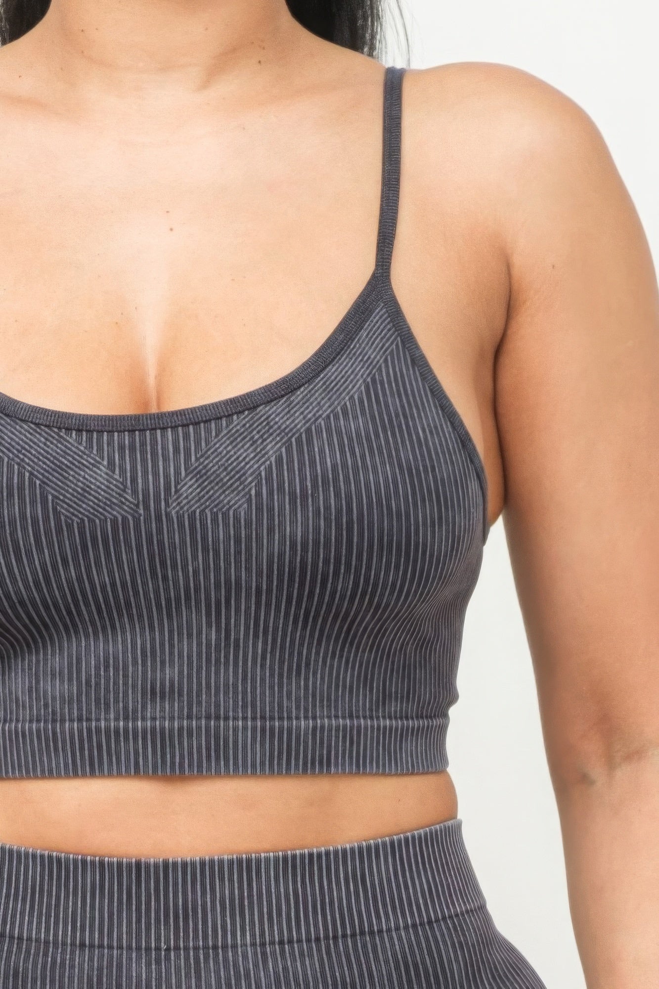 Washed Seamless Basic Tank Top and Shorts Set in classic black, showcasing seamless ribbed design and luxurious fabric.